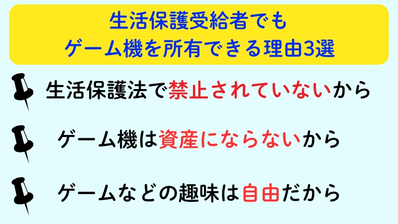 生活保護受給者でもゲーム機を所有できる理由
生活保護法で禁止されていないから
ゲーム機は資産にならないから
ゲームなどの趣味は自由だから
